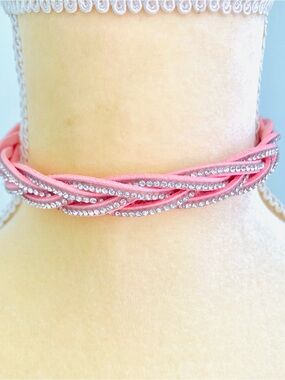 💕Pretty Pink Braided Crystal Choker Necklace SZ OS
